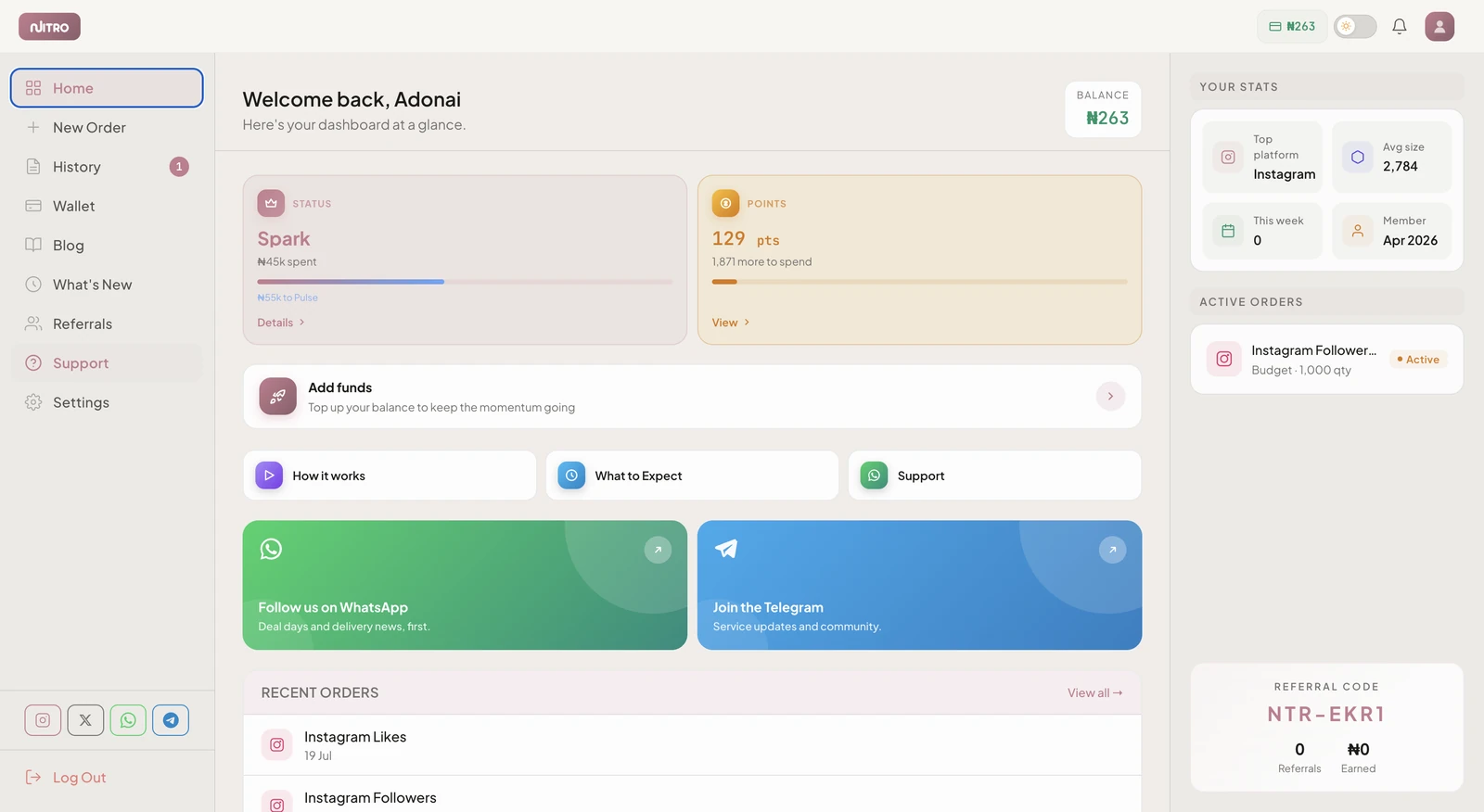The Nitro NG dashboard showing wallet balance, active orders and recent activity