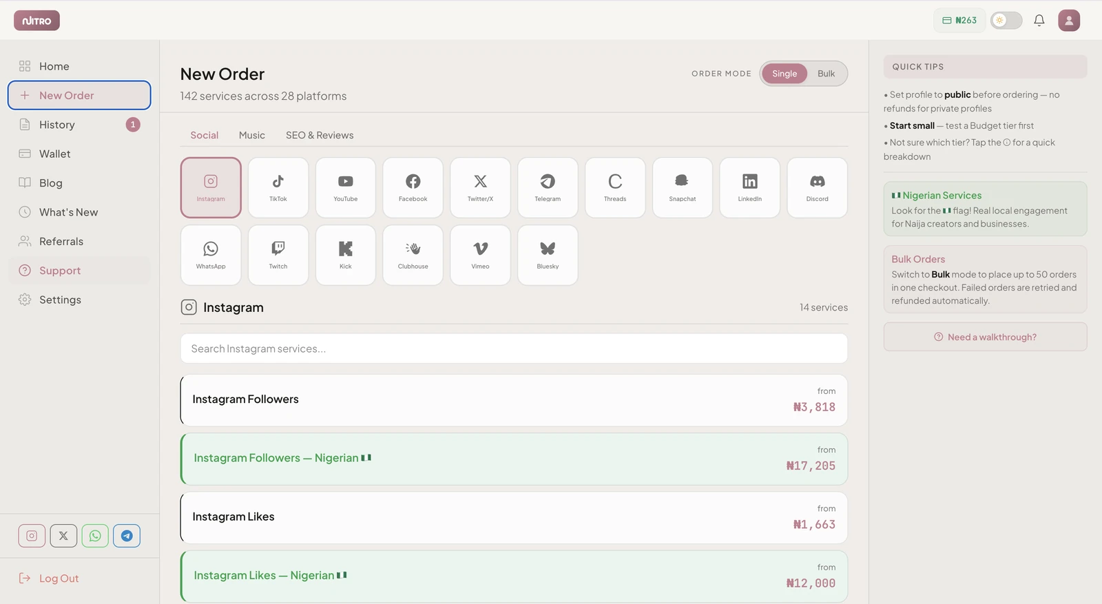 Placing an Instagram order on Nitro showing Naira prices and Nigerian targeted services